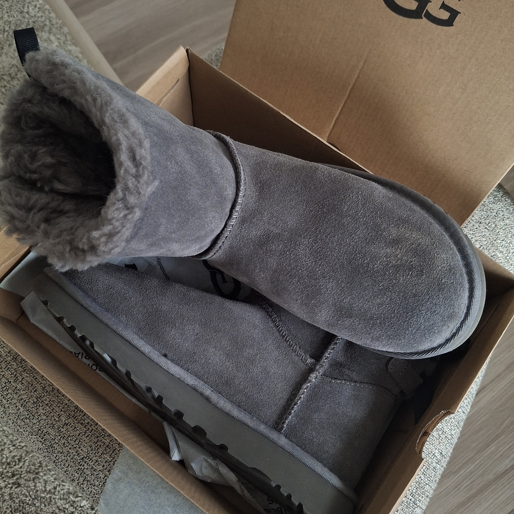 UGG Classic Gray Suede Ankle Boots with Fur Trim